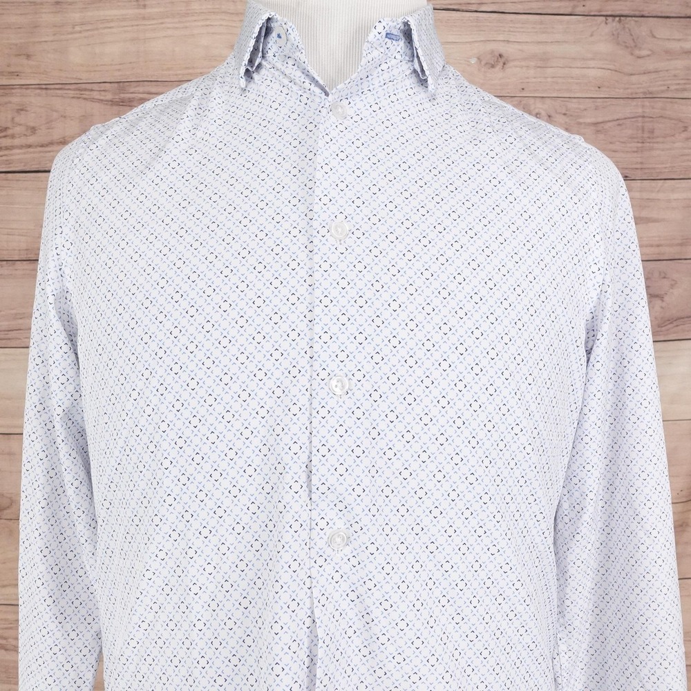 C-LAB‎ NYC Dress Shirt Mens 15 32/33 White Geometric 4 Way Stretch Long Sleeve